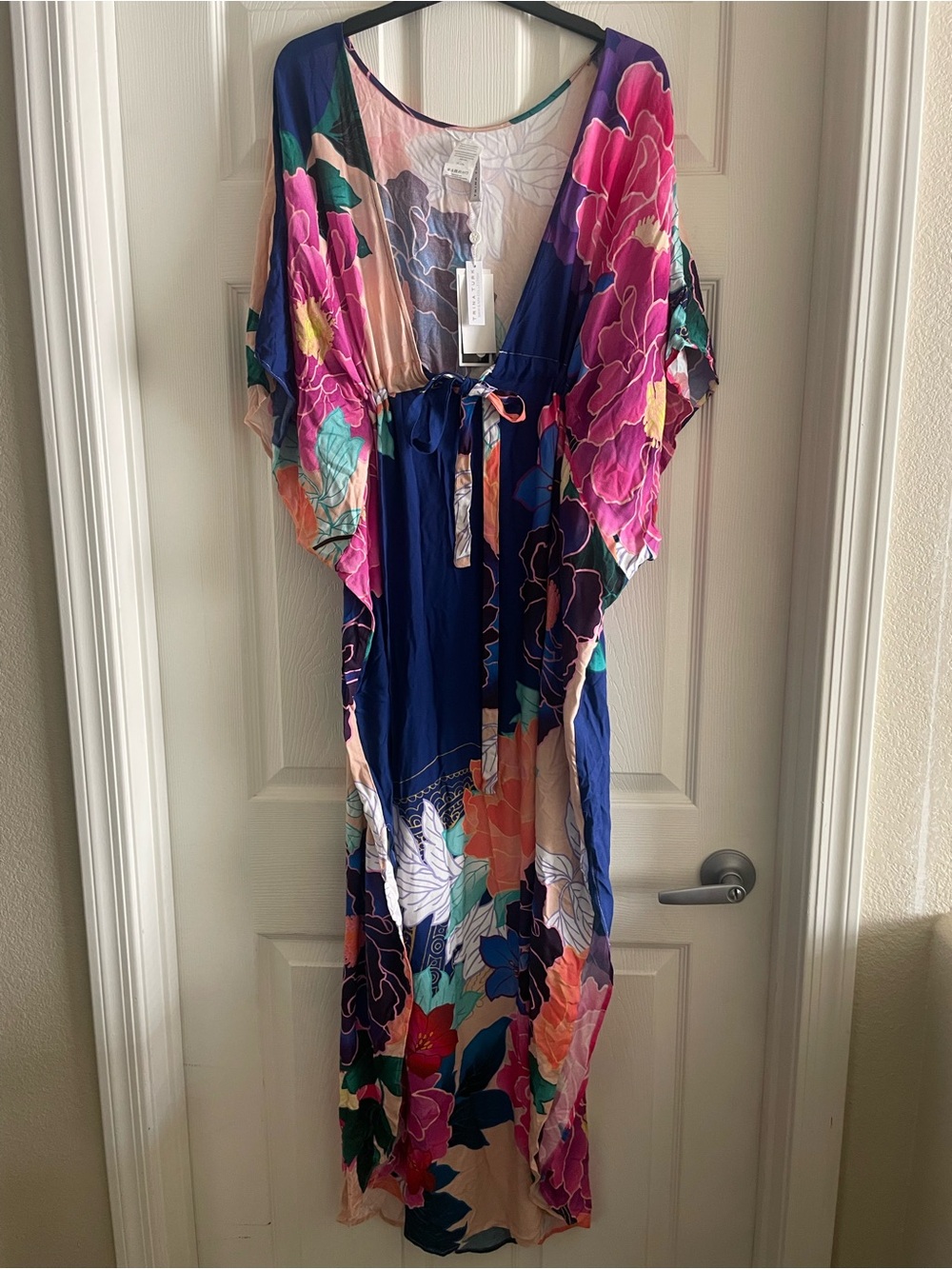 Trina Turk Navy Floral Maxi Kaftan with Pink Accents
